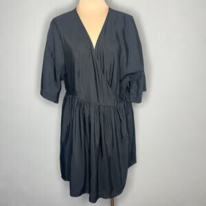 ASOS Design Linen Blend Wrap Dress 12 Womens Black Mini V-Neck Pleated Tie Chic